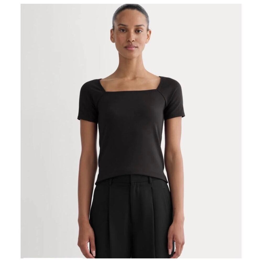 EVERLANE Form Supima Square-Neck Top Short Sleeve Sz S Black Minimalist Capsule